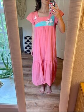 Vintage Pink Cotton Maxi Dress with Patchwork flowers